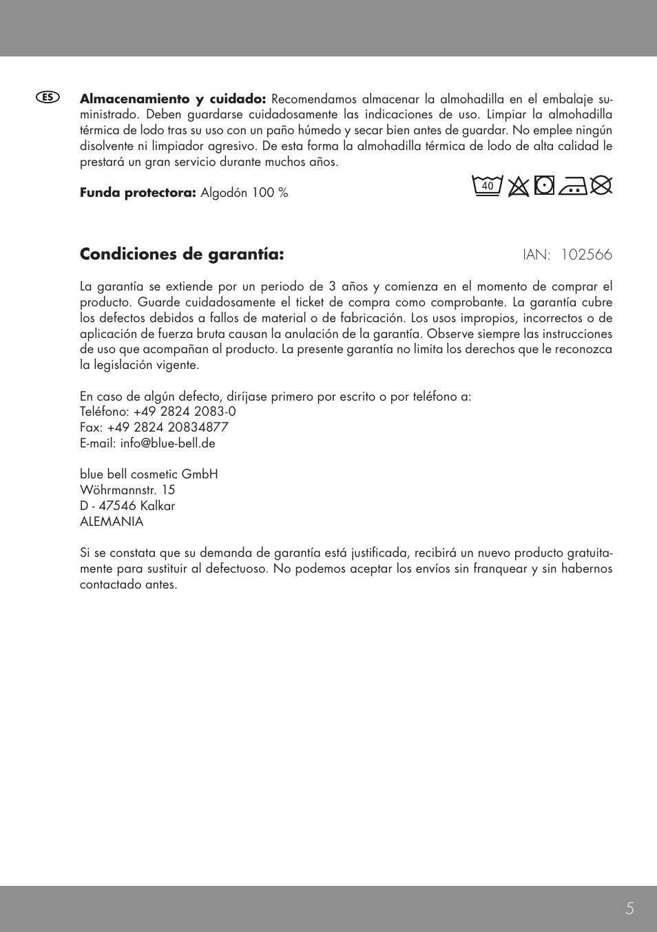 Condiciones de garantía | Sensiplast HEAT CUSHION User Manual | Page 5 / 12