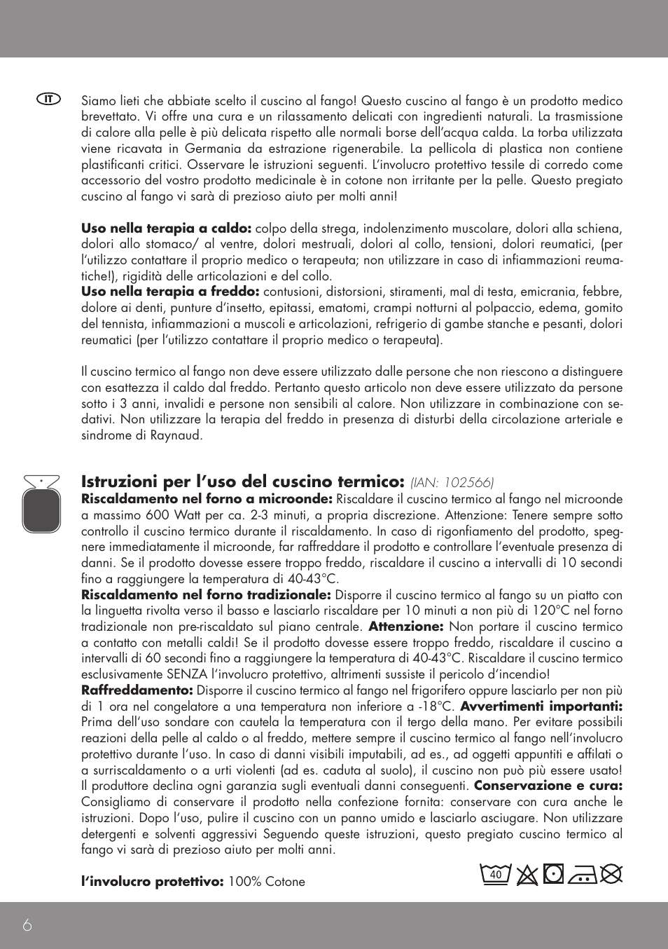 Istruzioni per l’uso del cuscino termico | Sensiplast HEAT CUSHION User Manual | Page 6 / 12