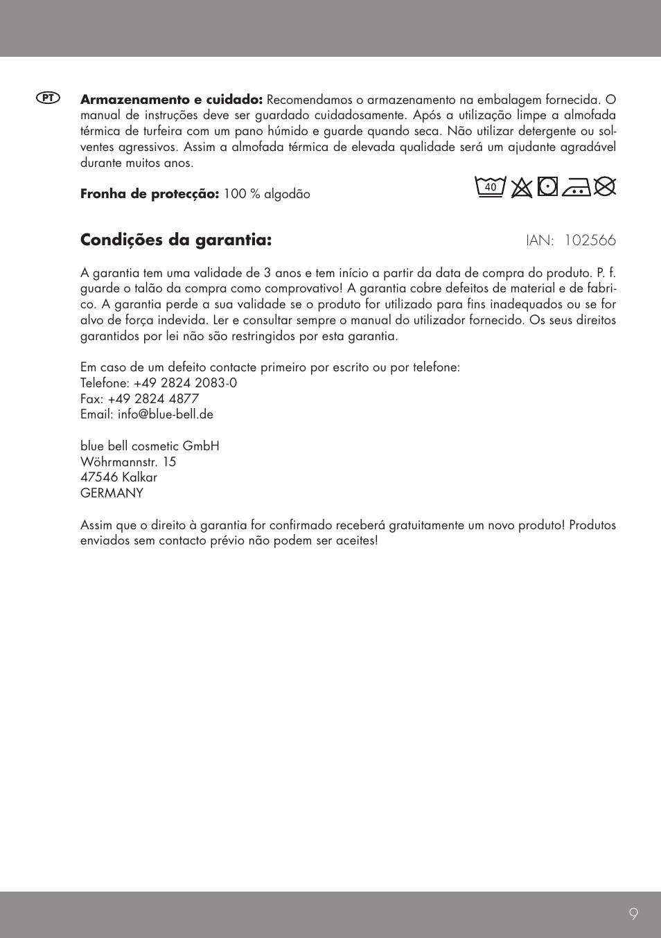 Condições da garantia | Sensiplast HEAT CUSHION User Manual | Page 9 / 12