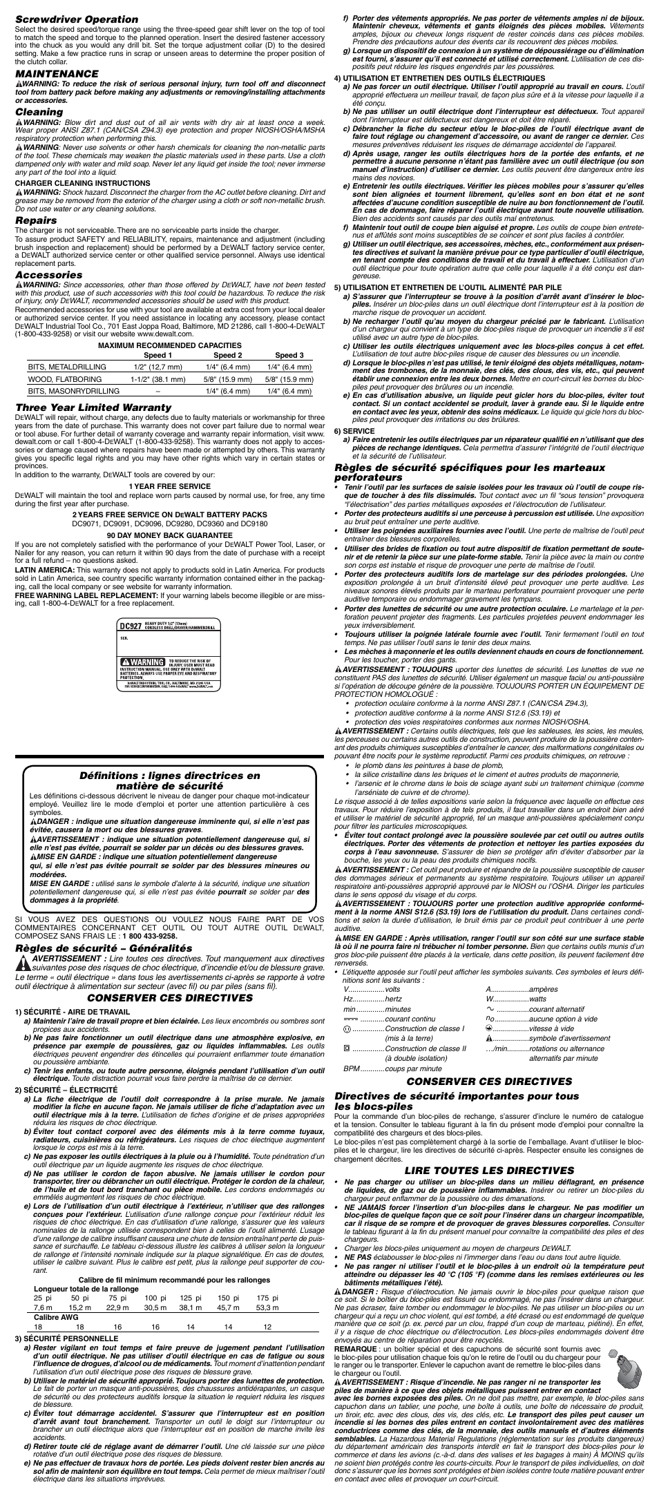 Screwdriver operation, Maintenance, Cleaning | Repairs, Accessories, Three year limited warranty, Règles de sécurité – généralités, Conserver ces directives, Lire toutes les directives | DeWalt DC927 User Manual | Page 3 / 7