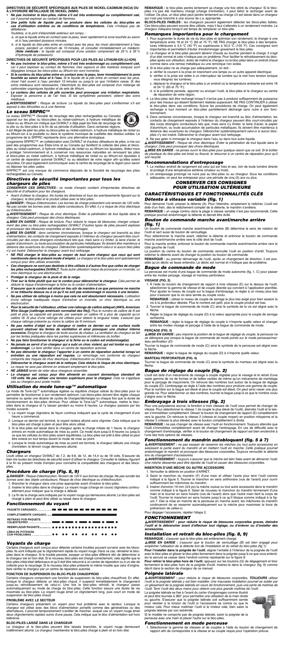 Remarques importantes pour le chargement, Recommandations d’entreposage, Bague de commande de mode | Bague de réglage du couple (fig. 2), Embrayage à trois vitesses (fig. 2), Fonctionnement, Installation et retrait du bloc-piles (fig. 8, 9), Poignée latérale, Fonctionnement en mode perceuse, Le sceau srprc | DeWalt DC927 User Manual | Page 4 / 7