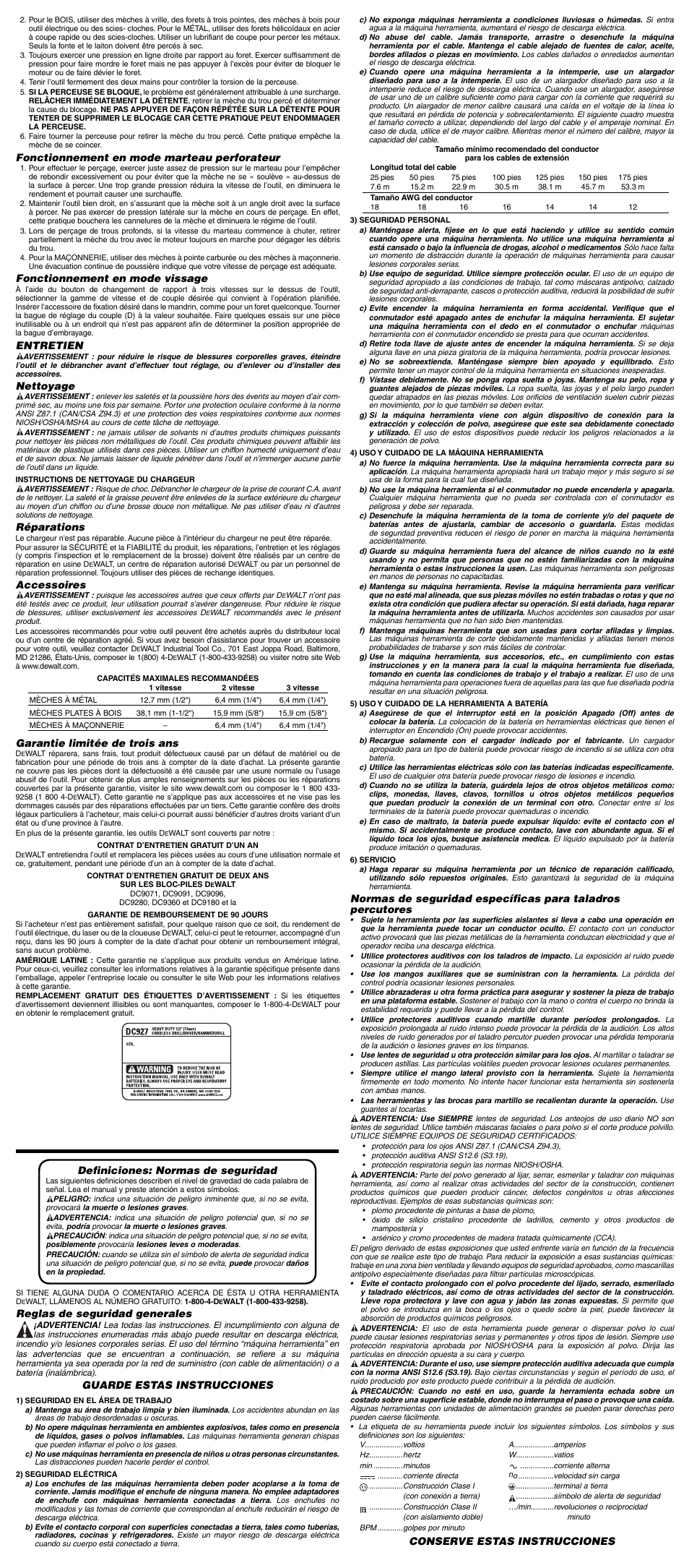 Fonctionnement en mode marteau perforateur, Fonctionnement en mode vissage, Entretien | Nettoyage, Réparations, Accessoires, Garantie limitée de trois ans, Definiciones: normas de seguridad, Reglas de seguridad generales, Guarde estas instrucciones | DeWalt DC927 User Manual | Page 5 / 7