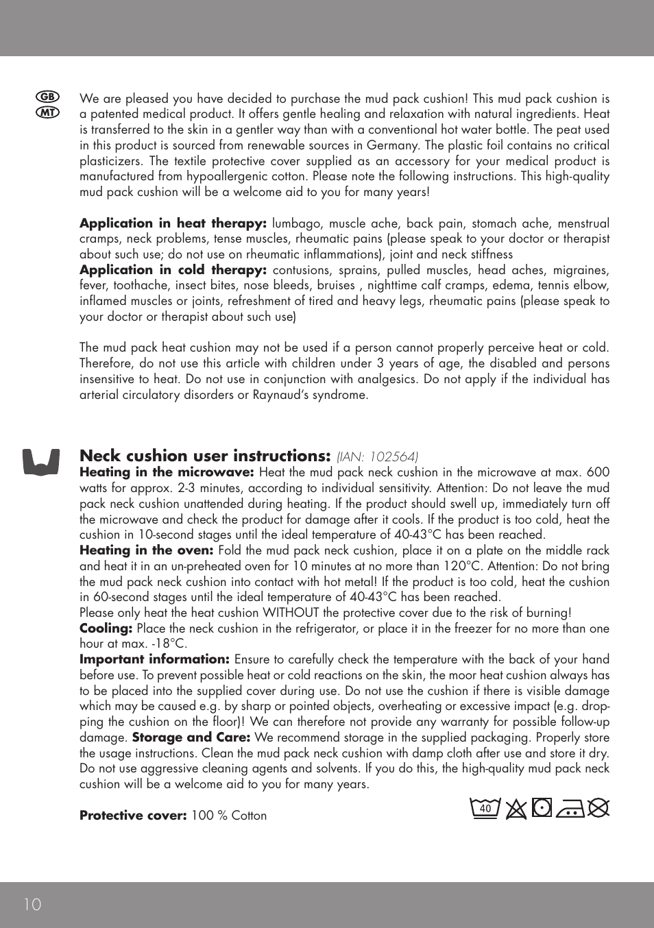 Neck cushion user instructions | Sensiplast NECK CUSHION User Manual | Page 10 / 12