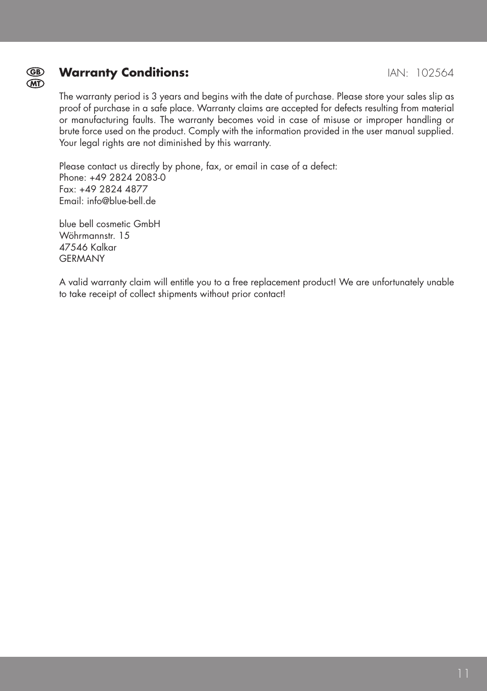 11 warranty conditions | Sensiplast NECK CUSHION User Manual | Page 11 / 12