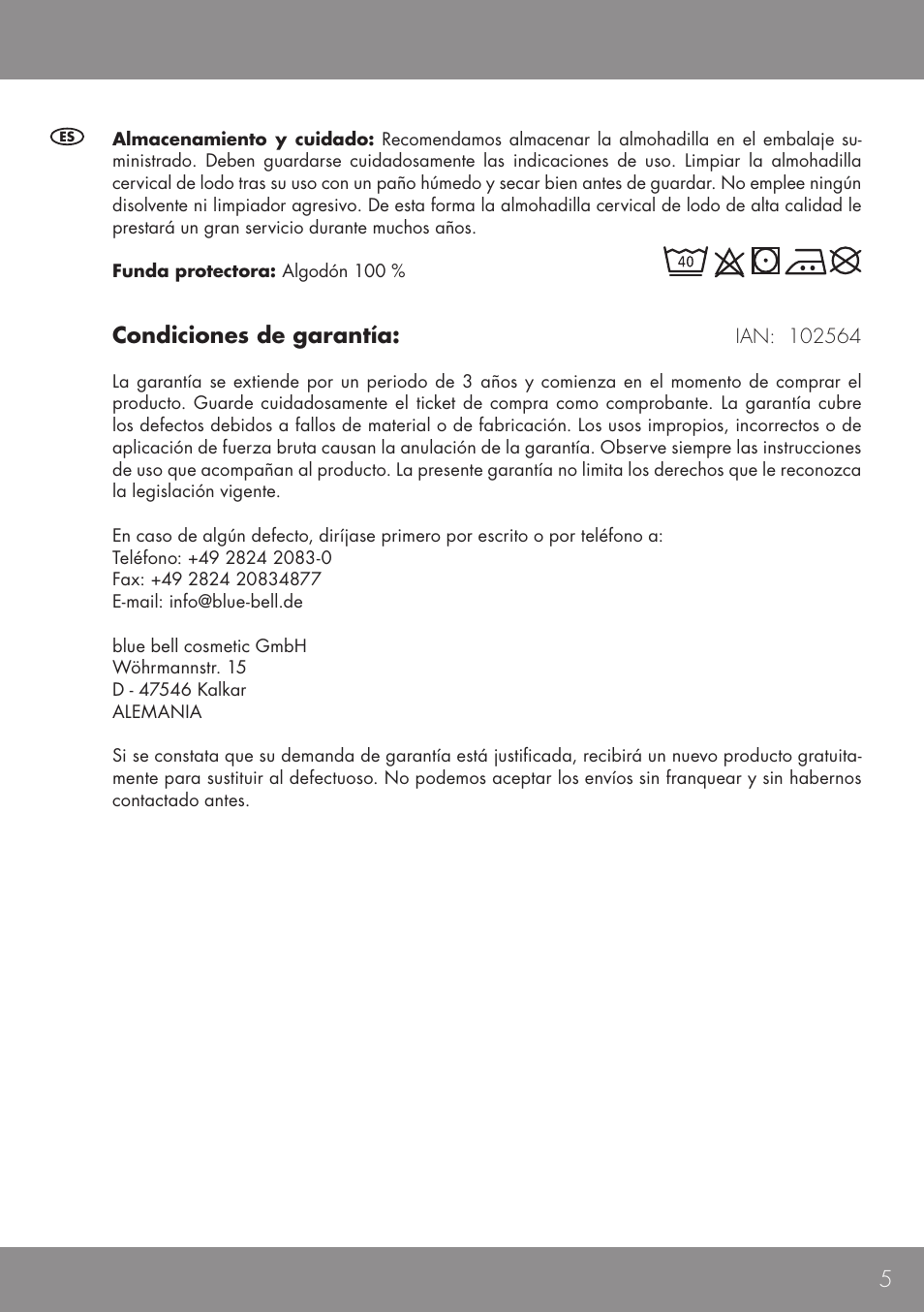 Condiciones de garantía | Sensiplast NECK CUSHION User Manual | Page 5 / 12