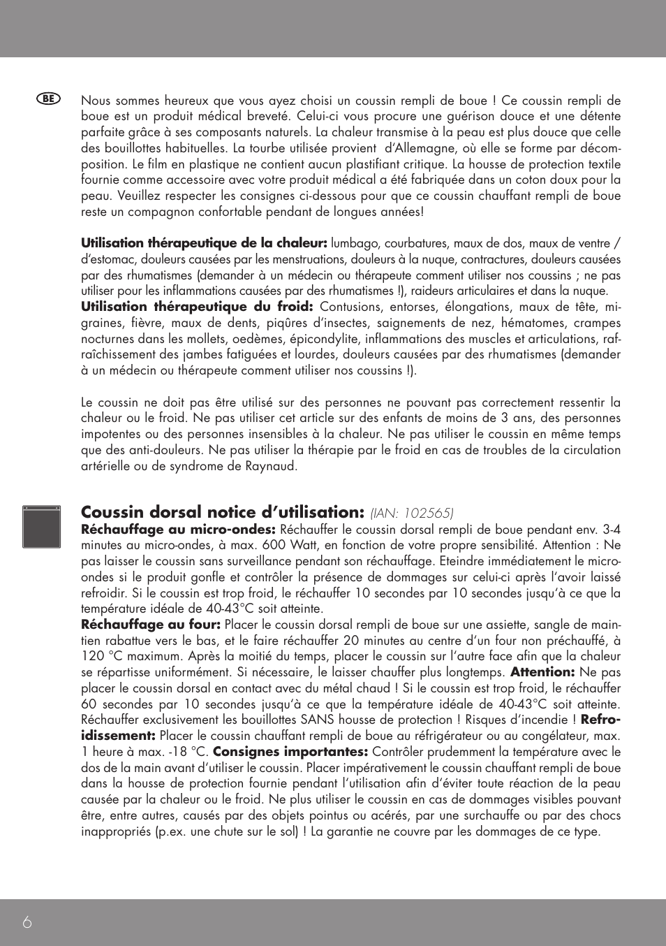 Coussin dorsal notice d’utilisation | Sensiplast BACK CUSHION User Manual | Page 6 / 12