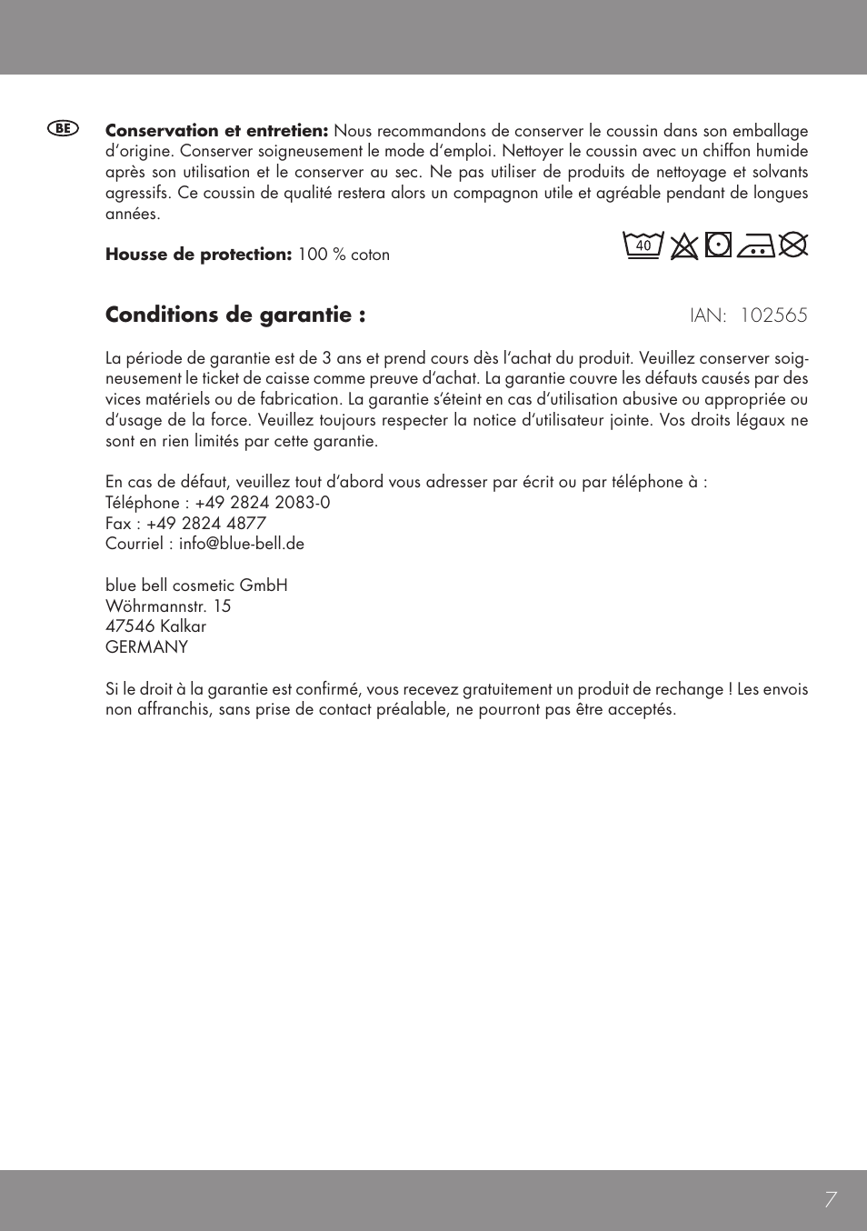 Conditions de garantie | Sensiplast BACK CUSHION User Manual | Page 7 / 12