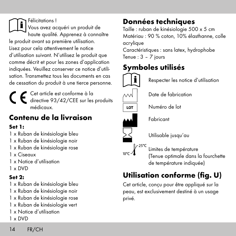 Contenu de la livraison, Données techniques, Symboles utilisés | Utilisation conforme (fig. u) | Sensiplast KINESIOLOGY TAPE User Manual | Page 14 / 40