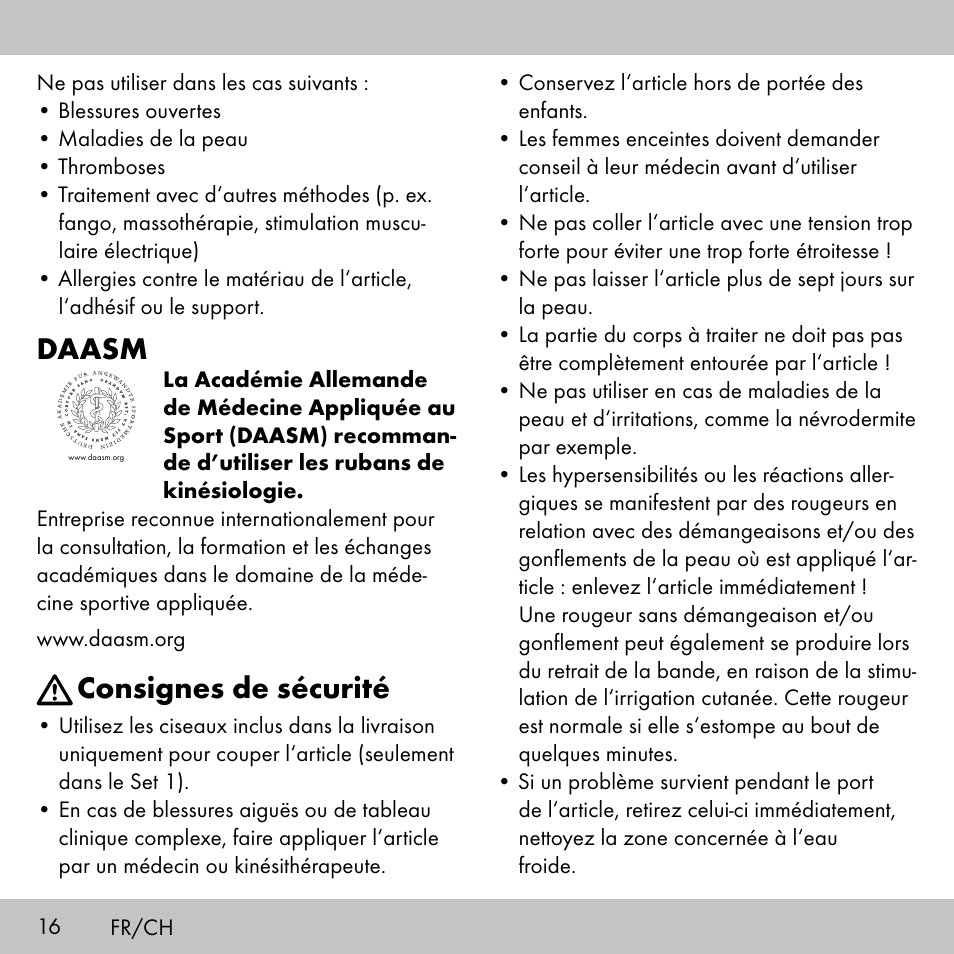 Daasm, Consignes de sécurité | Sensiplast KINESIOLOGY TAPE User Manual | Page 16 / 40