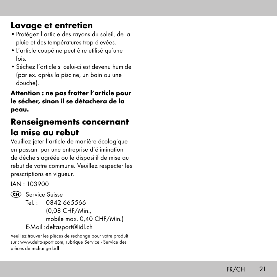 Lavage et entretien, Renseignements concernant la mise au rebut | Sensiplast KINESIOLOGY TAPE User Manual | Page 21 / 40