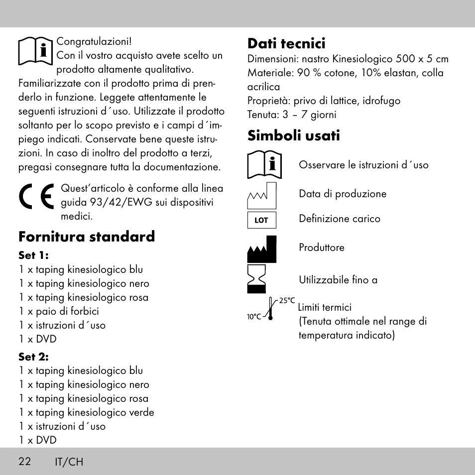 Fornitura standard, Dati tecnici, Simboli usati | Sensiplast KINESIOLOGY TAPE User Manual | Page 22 / 40
