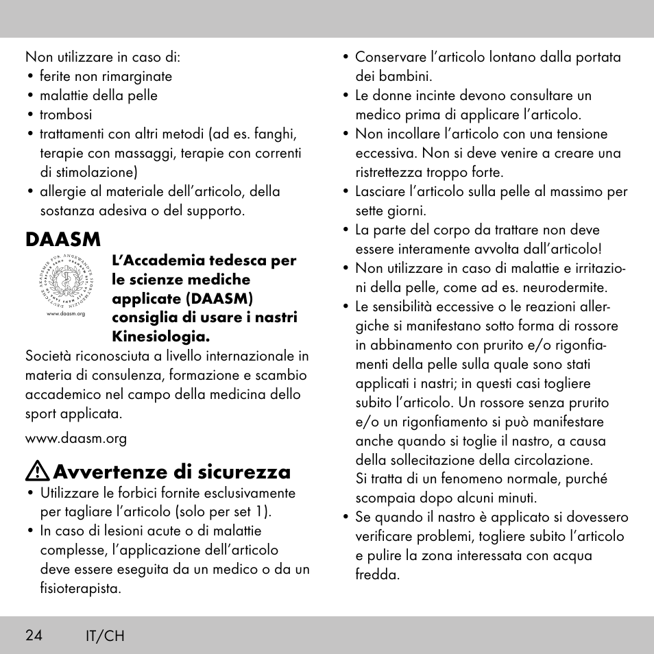 Daasm, Avvertenze di sicurezza | Sensiplast KINESIOLOGY TAPE User Manual | Page 24 / 40