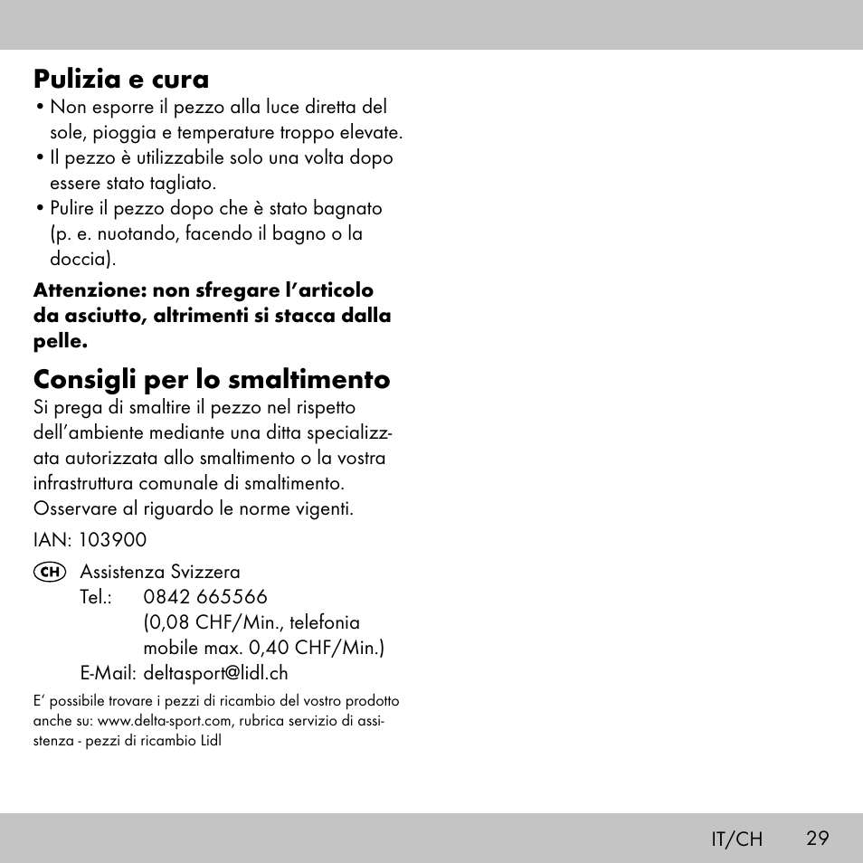 Pulizia e cura, Consigli per lo smaltimento | Sensiplast KINESIOLOGY TAPE User Manual | Page 29 / 40