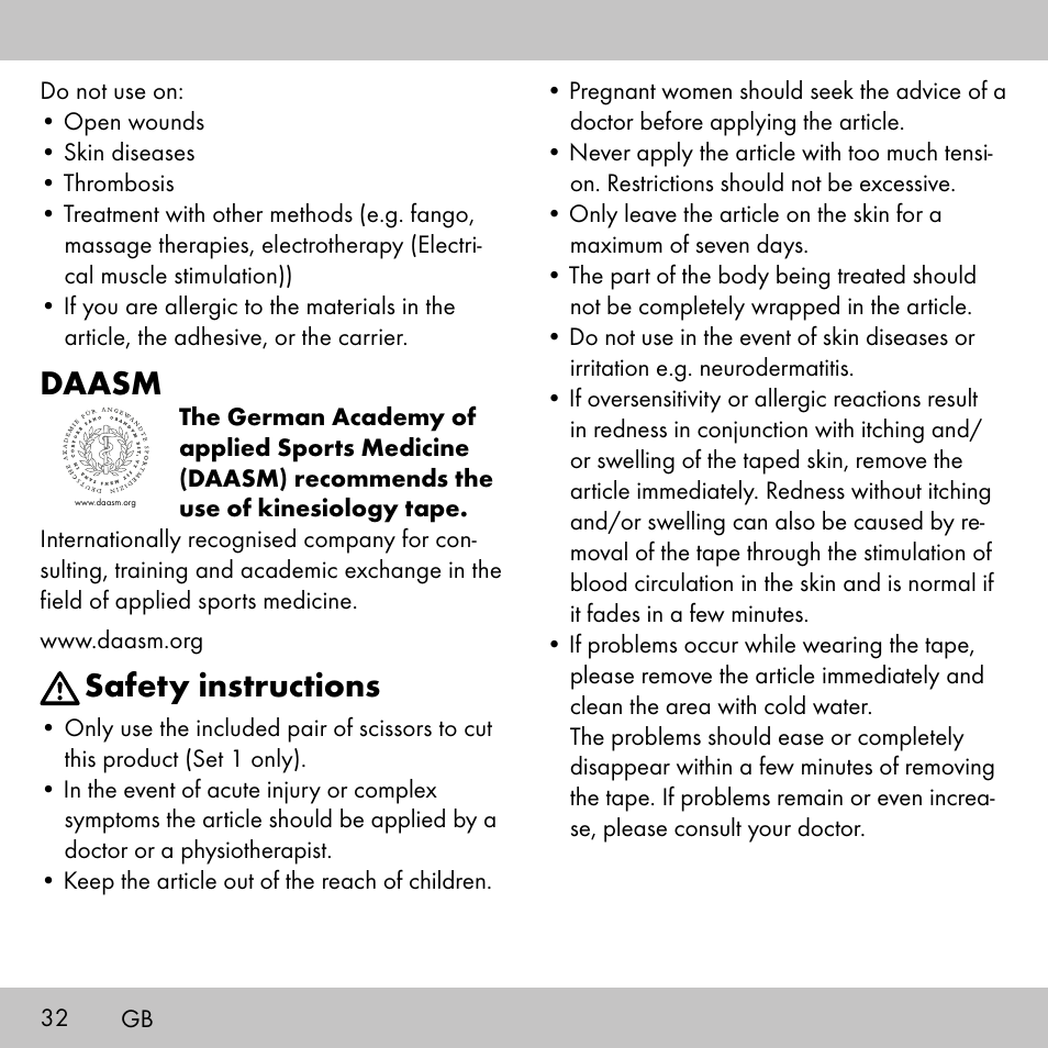 Daasm, Safety instructions | Sensiplast KINESIOLOGY TAPE User Manual | Page 32 / 40