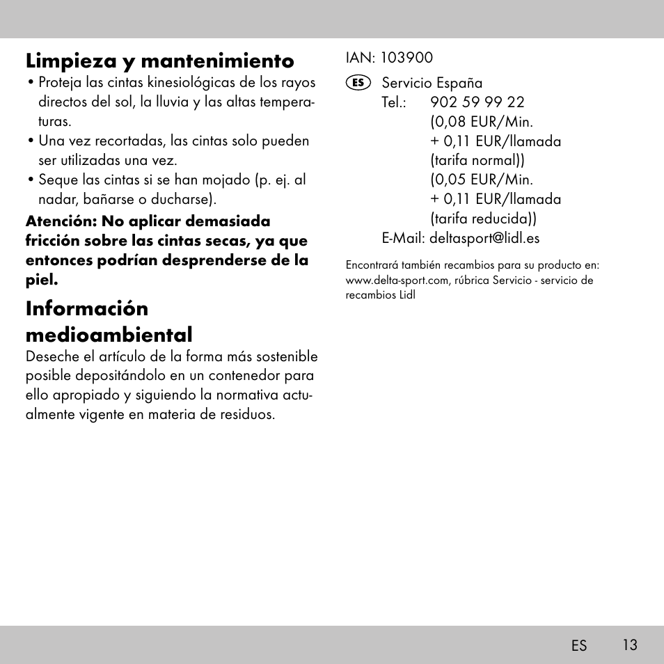 Limpieza y mantenimiento, Información medioambiental | Sensiplast KINESIOLOGY TAPE User Manual | Page 13 / 48