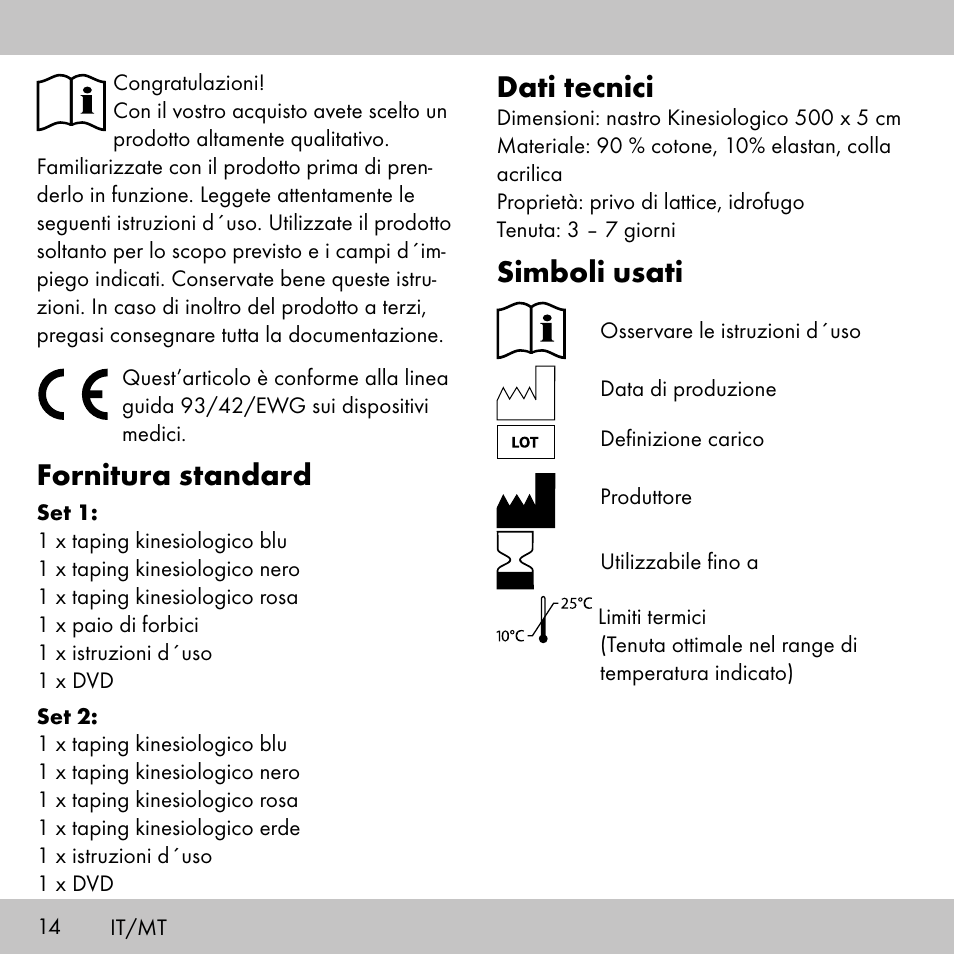 Fornitura standard, Dati tecnici, Simboli usati | Sensiplast KINESIOLOGY TAPE User Manual | Page 14 / 48