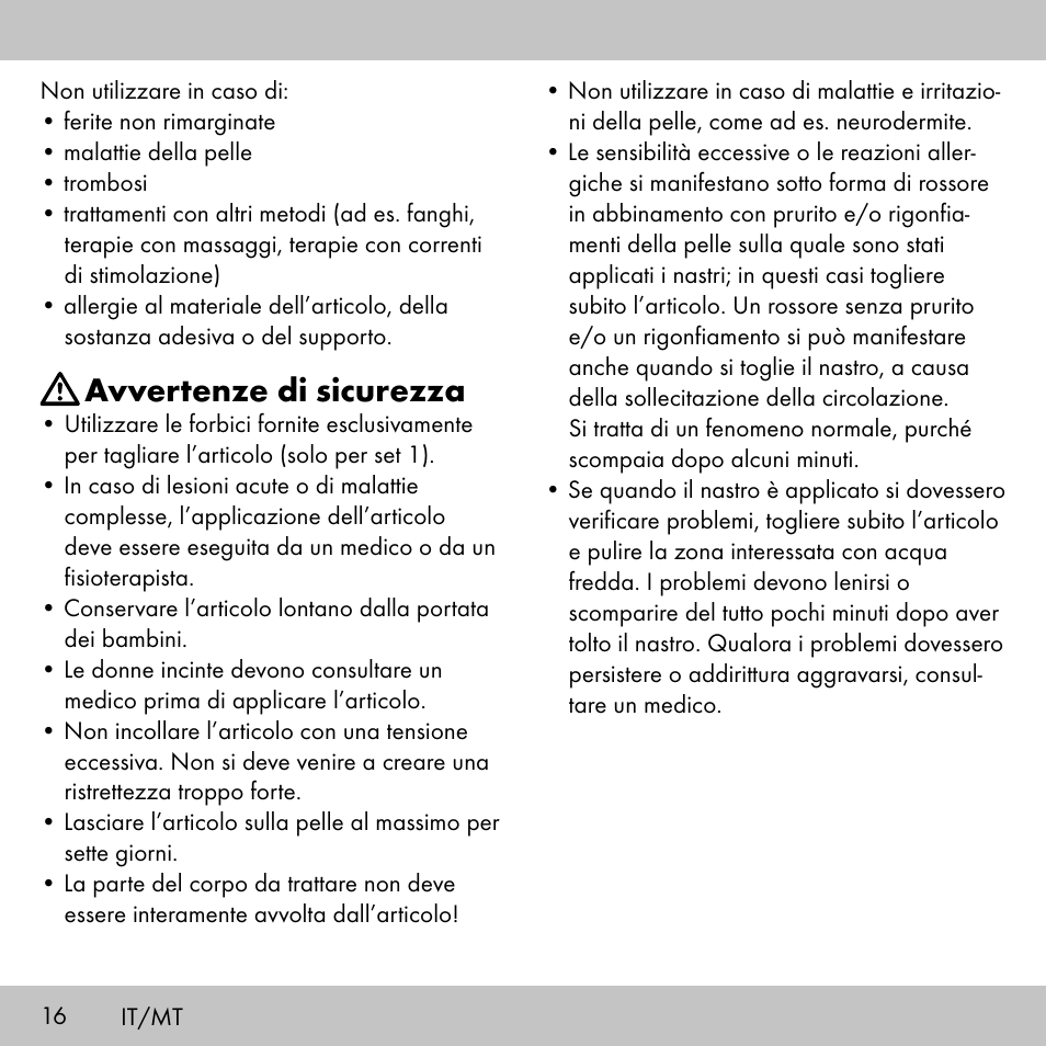 Avvertenze di sicurezza | Sensiplast KINESIOLOGY TAPE User Manual | Page 16 / 48