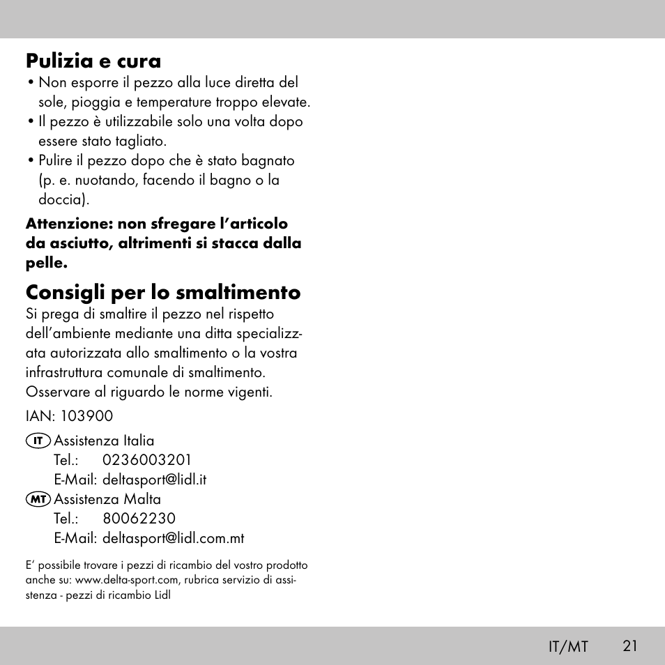 Pulizia e cura, Consigli per lo smaltimento | Sensiplast KINESIOLOGY TAPE User Manual | Page 21 / 48