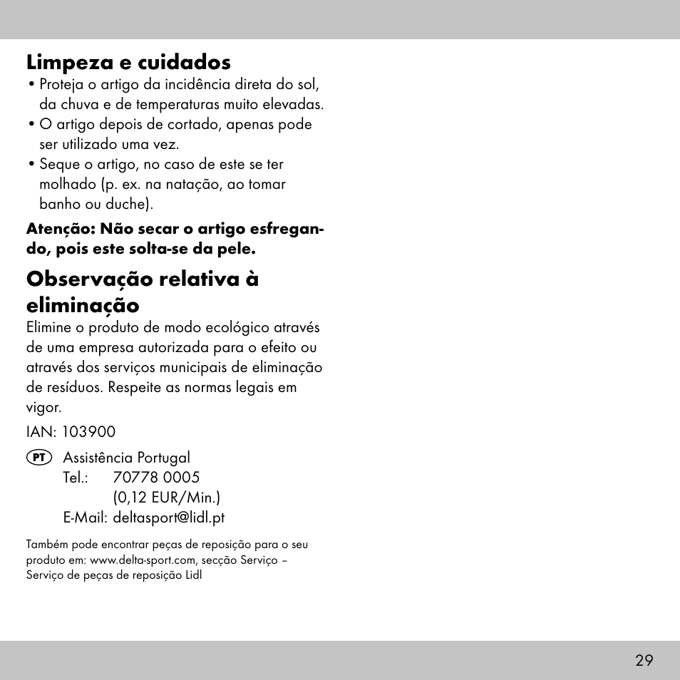 Limpeza e cuidados, Observação relativa à eliminação | Sensiplast KINESIOLOGY TAPE User Manual | Page 29 / 48