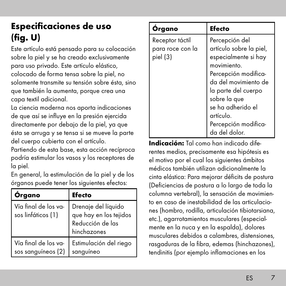 Especificaciones de uso (fig. u) | Sensiplast KINESIOLOGY TAPE User Manual | Page 7 / 48