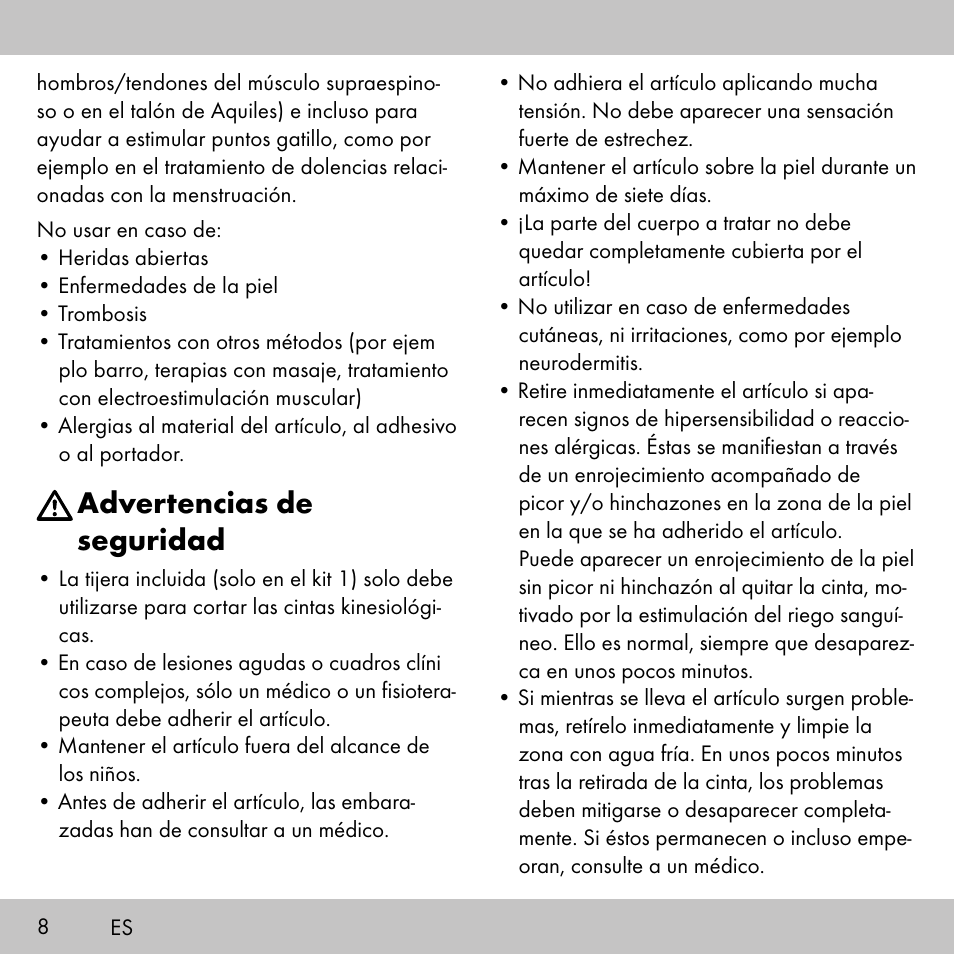 Advertencias de seguridad | Sensiplast KINESIOLOGY TAPE User Manual | Page 8 / 48