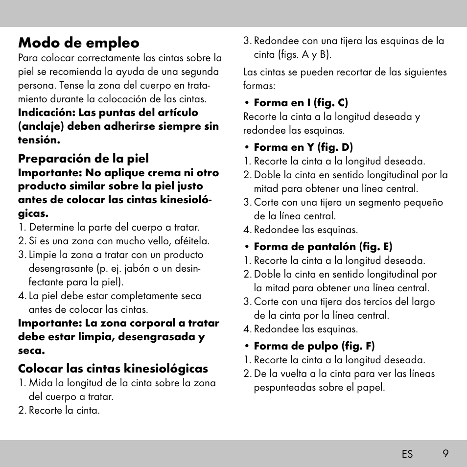 Modo de empleo | Sensiplast KINESIOLOGY TAPE User Manual | Page 9 / 48