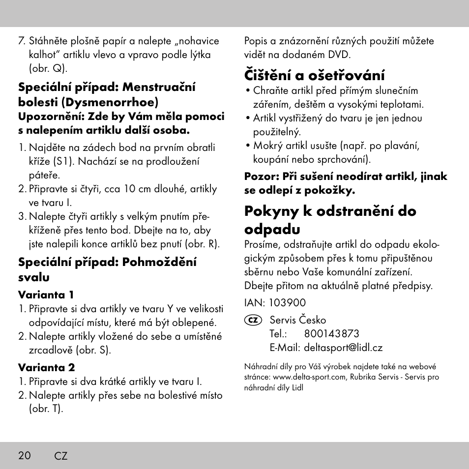 Čištění a ošetřování, Pokyny k odstranění do odpadu | Sensiplast KINESIOLOGY TAPE User Manual | Page 20 / 36