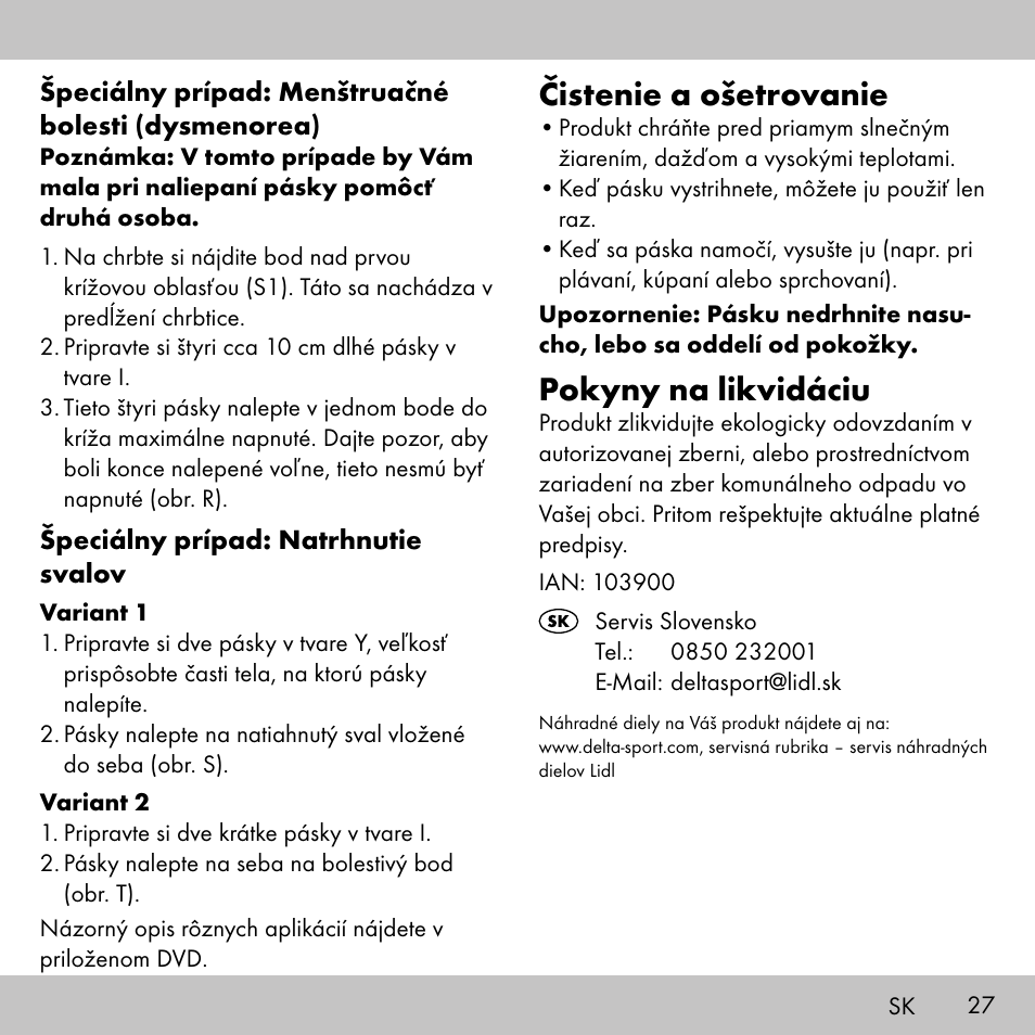 Čistenie a ošetrovanie, Pokyny na likvidáciu | Sensiplast KINESIOLOGY TAPE User Manual | Page 27 / 36