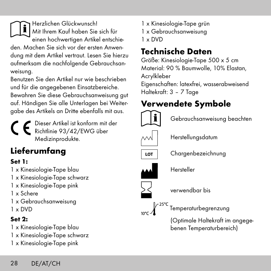 Lieferumfang, Technische daten, Verwendete symbole | Sensiplast KINESIOLOGY TAPE User Manual | Page 28 / 36