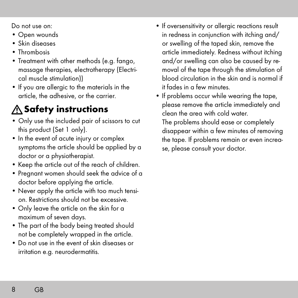 Safety instructions | Sensiplast KINESIOLOGY TAPE User Manual | Page 8 / 36