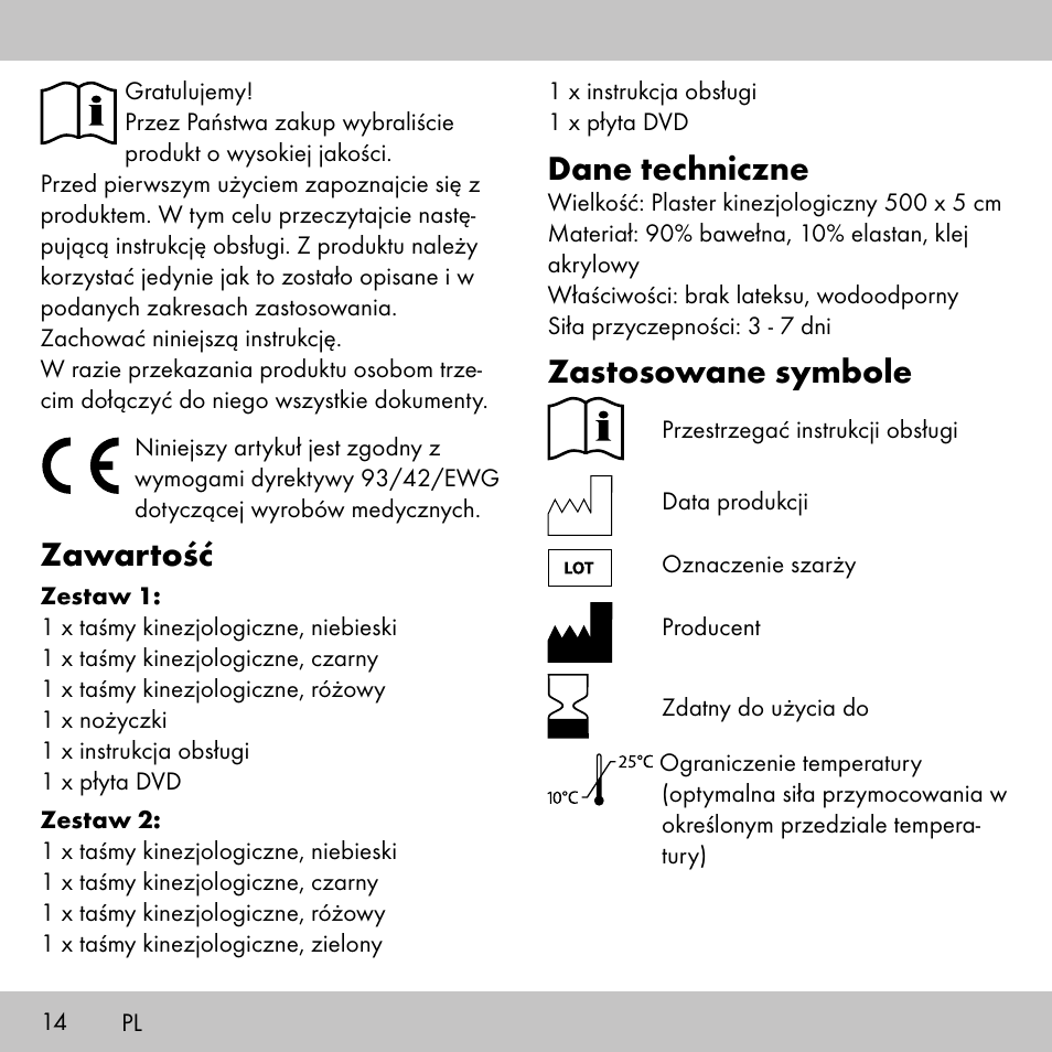 Zawartość, Dane techniczne, Zastosowane symbole | Sensiplast KINESIOLOGY TAPE User Manual | Page 14 / 40