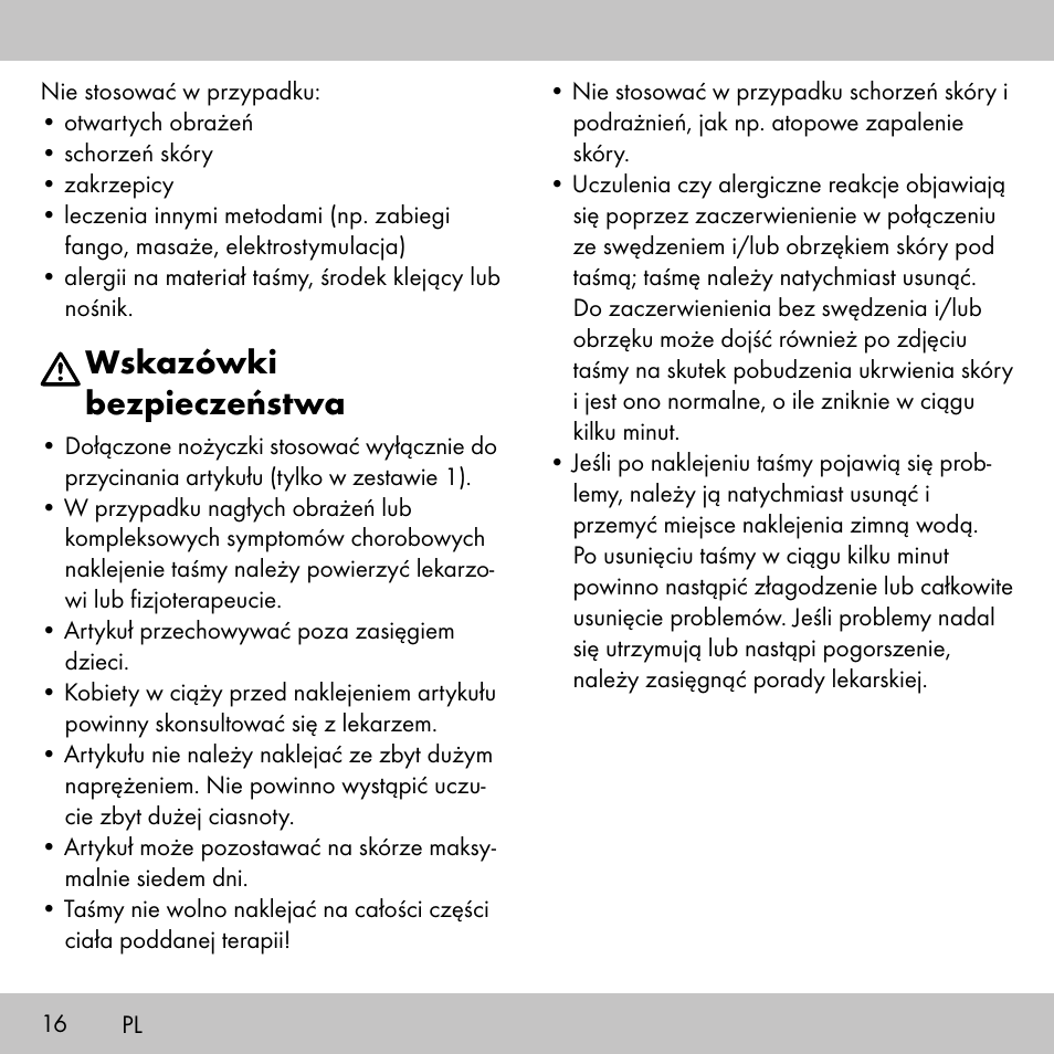Wskazówki bezpieczeństwa | Sensiplast KINESIOLOGY TAPE User Manual | Page 16 / 40