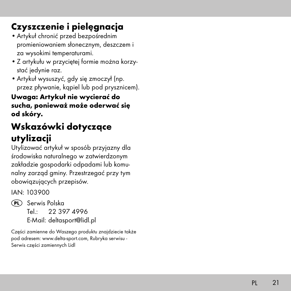 Czyszczenie i pielęgnacja, Wskazówki dotyczące utylizacji | Sensiplast KINESIOLOGY TAPE User Manual | Page 21 / 40