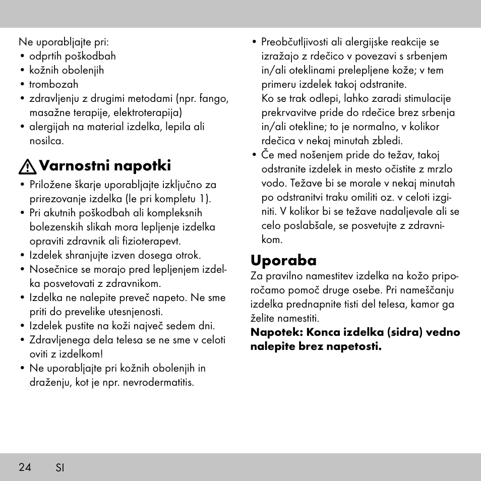 Varnostni napotki, Uporaba | Sensiplast KINESIOLOGY TAPE User Manual | Page 24 / 40