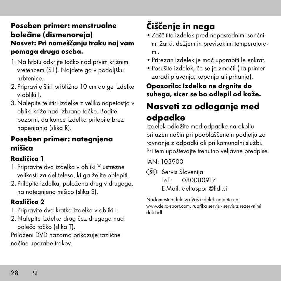 Čiščenje in nega, Nasveti za odlaganje med odpadke | Sensiplast KINESIOLOGY TAPE User Manual | Page 28 / 40
