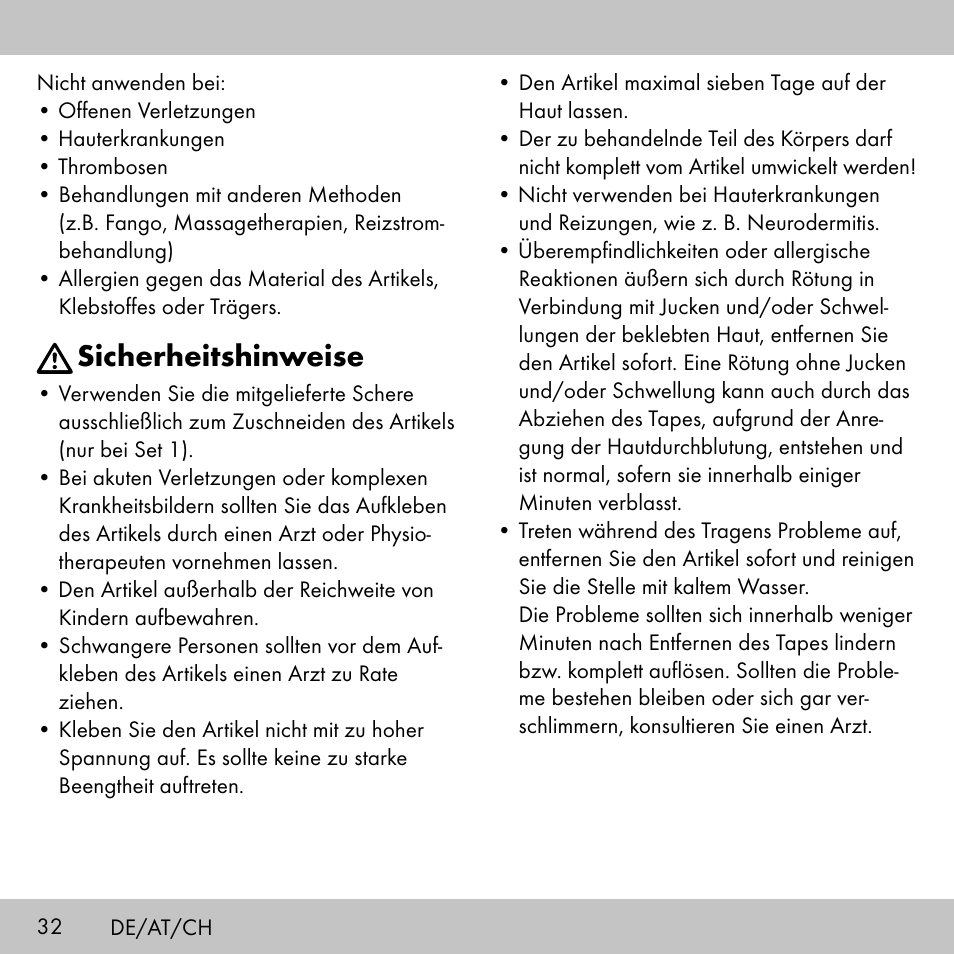 Sicherheitshinweise | Sensiplast KINESIOLOGY TAPE User Manual | Page 32 / 40