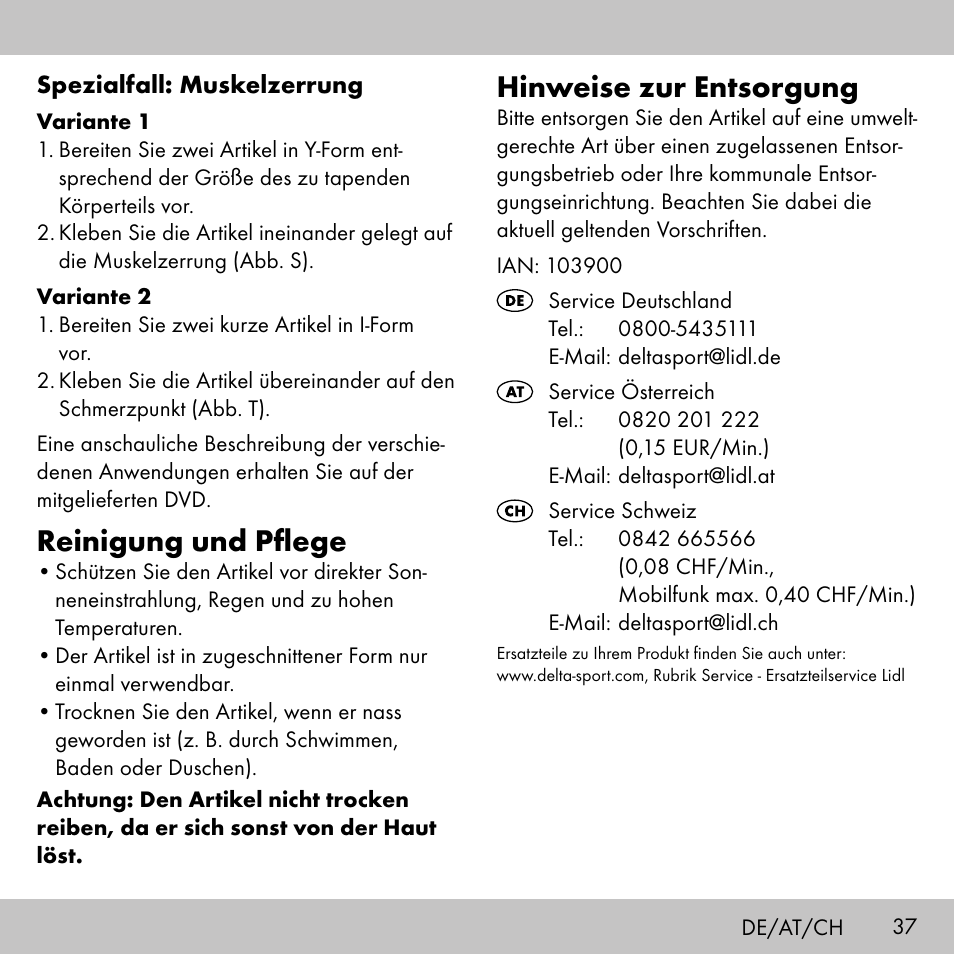 Hinweise zur entsorgung, Reinigung und pflege | Sensiplast KINESIOLOGY TAPE User Manual | Page 37 / 40