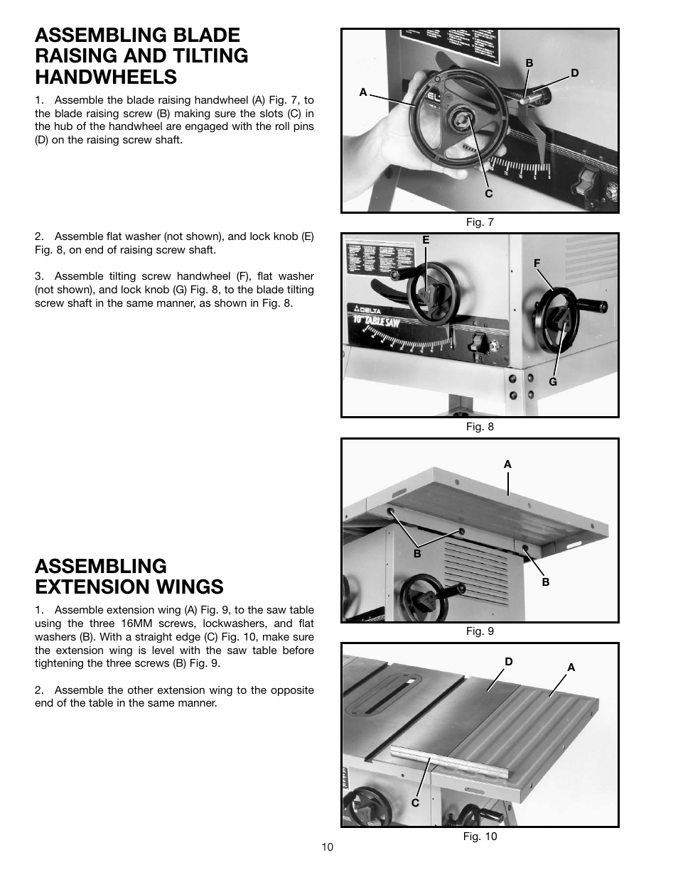 Assembling blade raising and tilting handwheels, Assembling extension wings | Delta 36-600 User Manual | Page 10 / 29