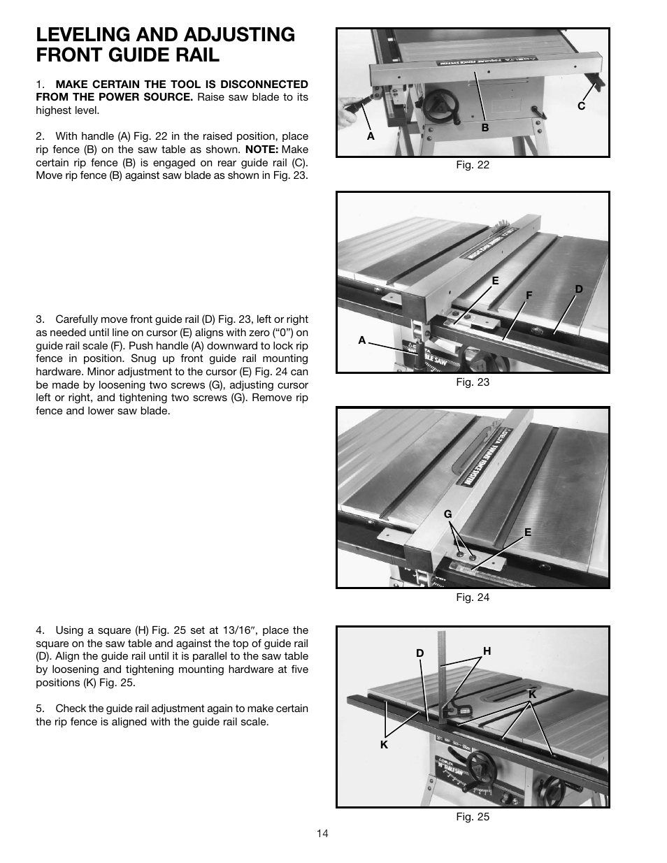 Leveling and adjusting front guide rail | Delta 36-600 User Manual | Page 14 / 29