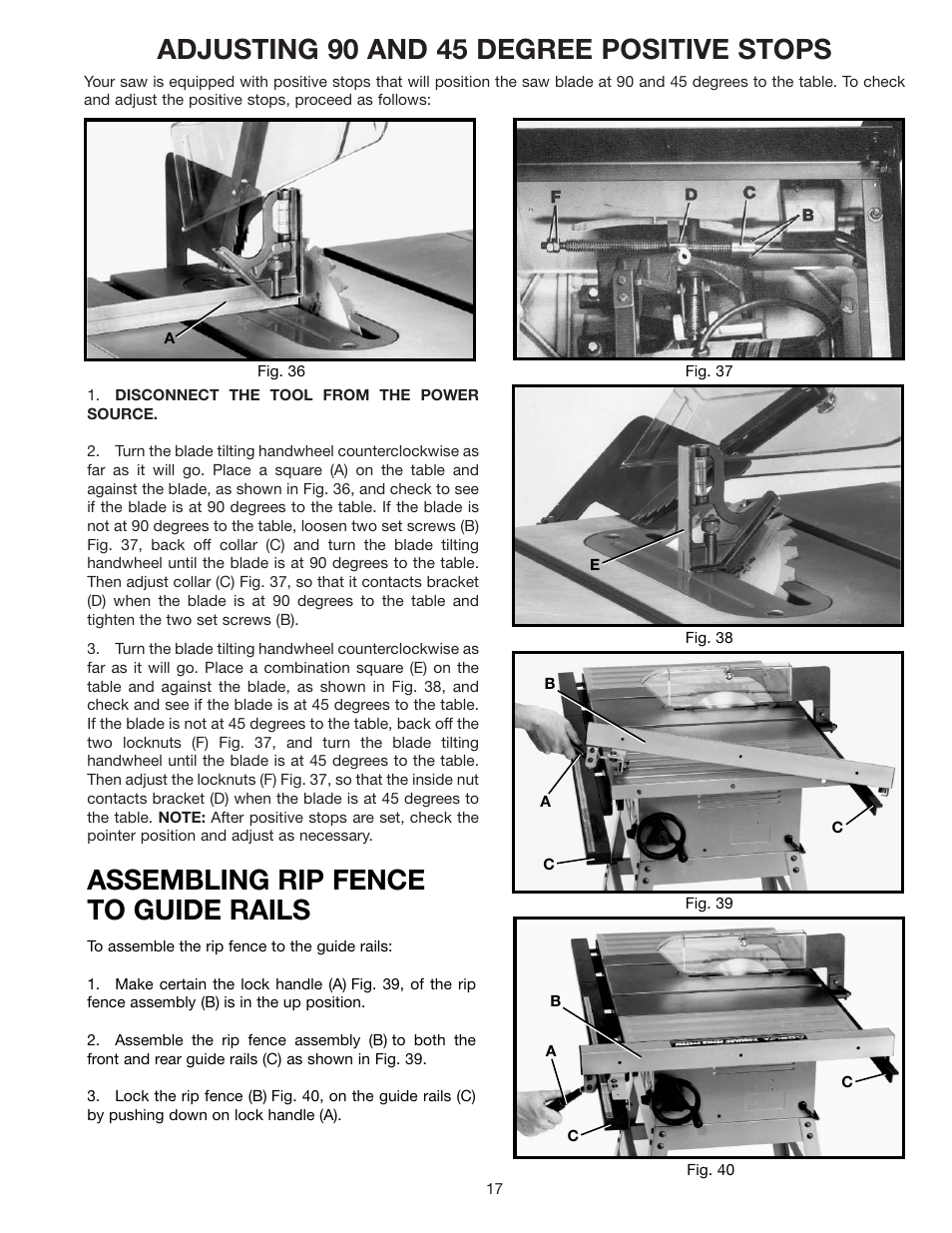 Adjusting 90 and 45 degree positive stops, Assembling rip fence to guide rails | Delta 36-600 User Manual | Page 17 / 29