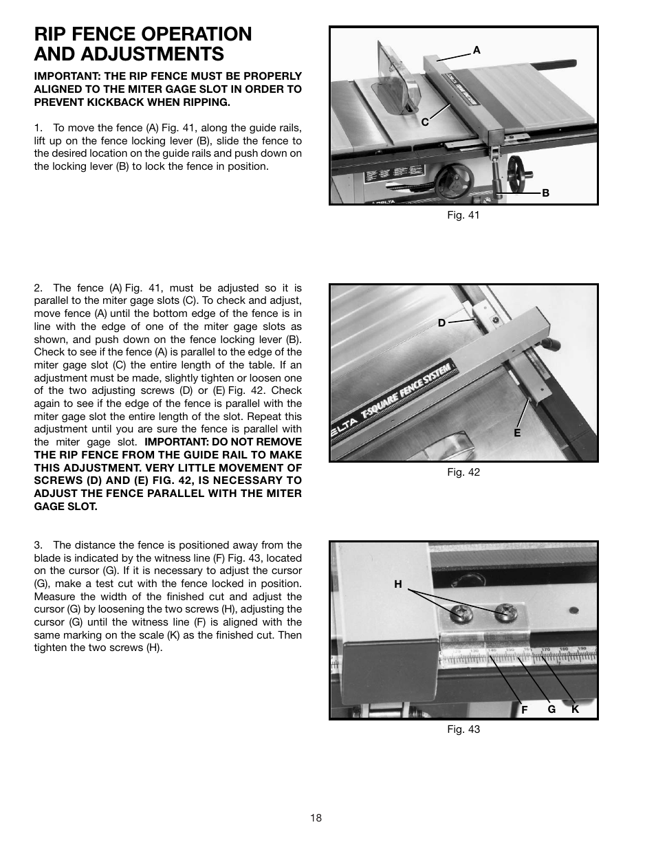 Rip fence operation and adjustments | Delta 36-600 User Manual | Page 18 / 29