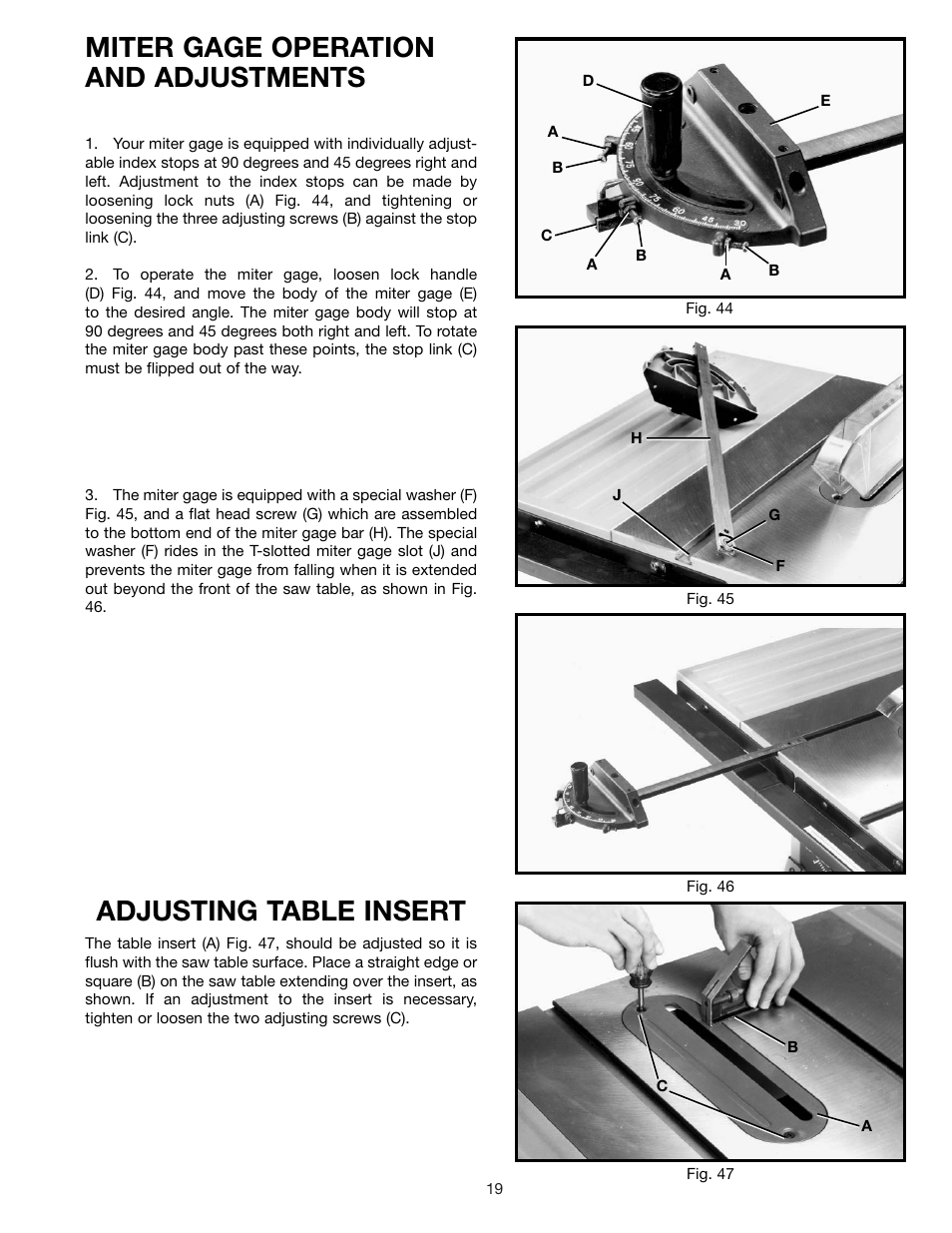 Miter gage operation and adjustments, Adjusting table insert | Delta 36-600 User Manual | Page 19 / 29