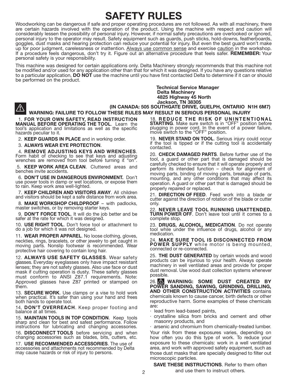 Safety rules | Delta 36-600 User Manual | Page 2 / 29