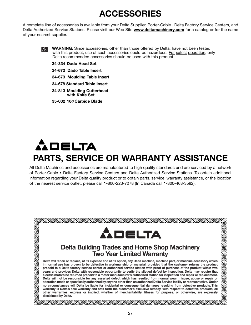 Parts, service or warranty assistance, Accessories | Delta 36-600 User Manual | Page 27 / 29