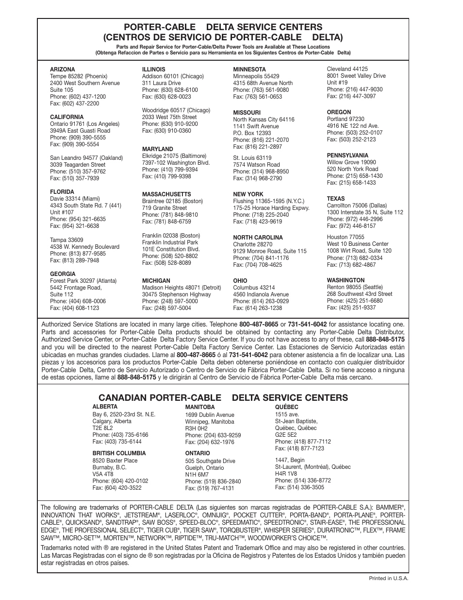 Porter-cable, Delta), Canadian porter-cable | Delta service centers | Delta 36-600 User Manual | Page 29 / 29