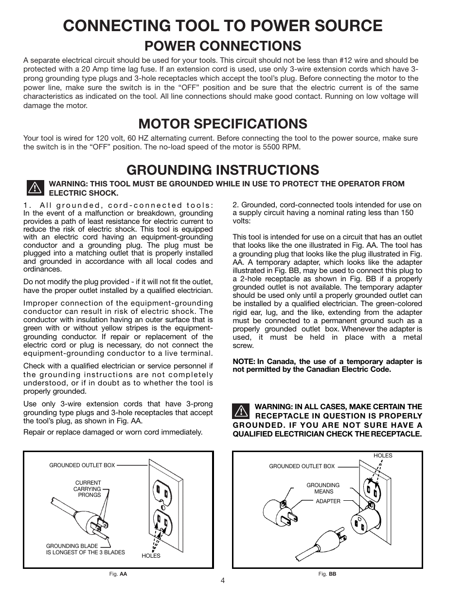 Connecting tool to power source, Power connections, Motor specifications | Grounding instructions | Delta 36-600 User Manual | Page 4 / 29