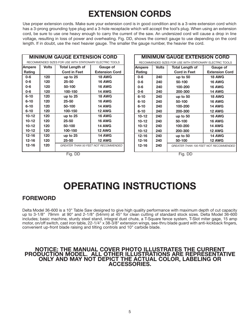 Operating instructions, Extension cords, Foreword | Delta 36-600 User Manual | Page 5 / 29