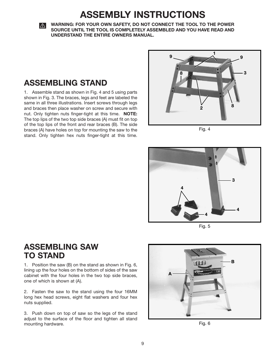 Assembly instructions, Assembling saw to stand, Assembling stand | Delta 36-600 User Manual | Page 9 / 29