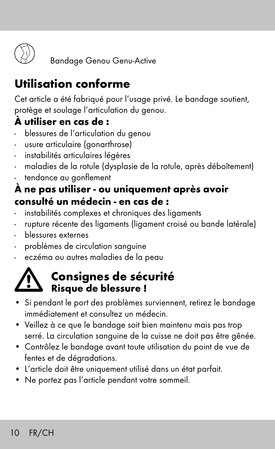 Utilisation conforme, Consignes de sécurité | Sensiplast Knee Brace / Genu-Active User Manual | Page 10 / 24