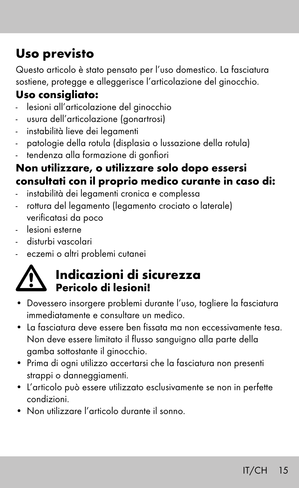 Uso previsto, Indicazioni di sicurezza | Sensiplast Knee Brace / Genu-Active User Manual | Page 15 / 24